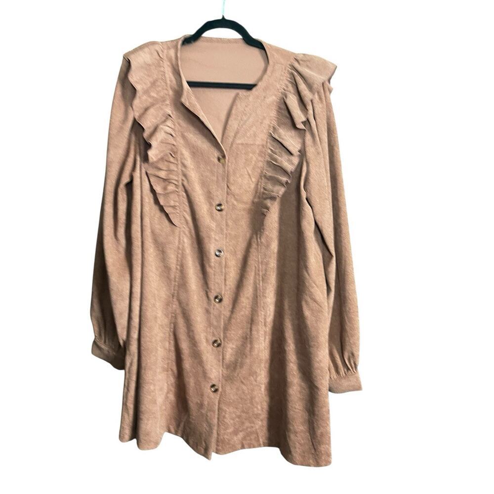 Shein Corduroy Button Up Dress with Ruffles Brown Women Size XL New Without Tags - Picture 2 of 10